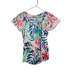 Loft Floral Women's Blouse Hawaiian Small Short‎ Sleeve Blue Green Pink